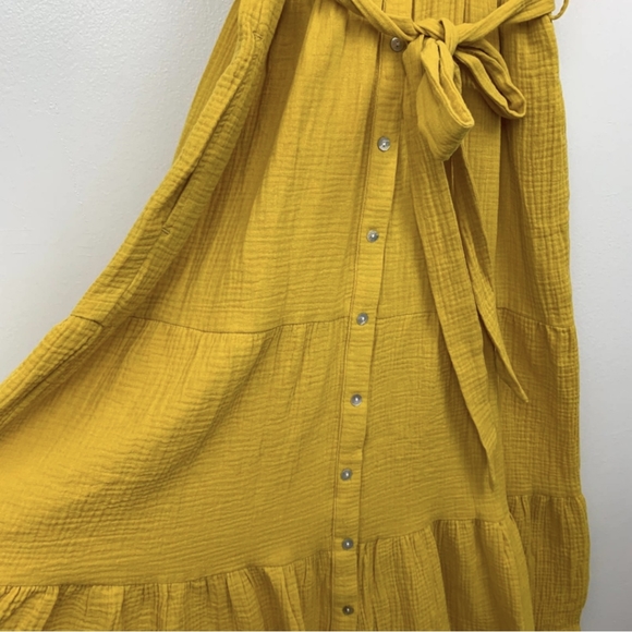 Magashoni Midi Dress Organic Gauze Size Small Yellow Button Front Short Sleeve - Picture 4 of 15